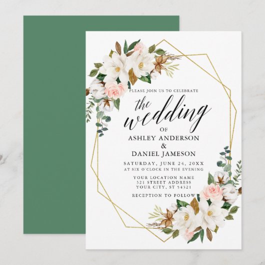 Calligrafie White Magnolias Rozen Gold Wedding Kaart (Voorkant / Achterkant)