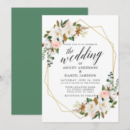 Calligrafie White Magnolias Rozen Gold Wedding Kaart