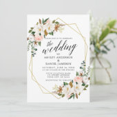 Calligrafie White Magnolias Rozen Weddenschap Gold Kaart (Staand voorkant)
