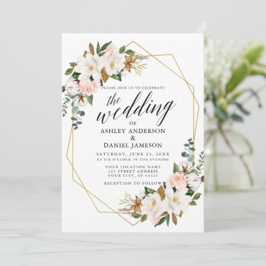 Calligrafie White Magnolias Rozen Weddenschap Gold Kaart (Staand voorkant)