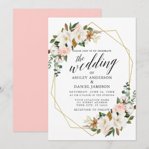 Calligrafie White Magnolias Rozen Weddenschap Gold Kaart