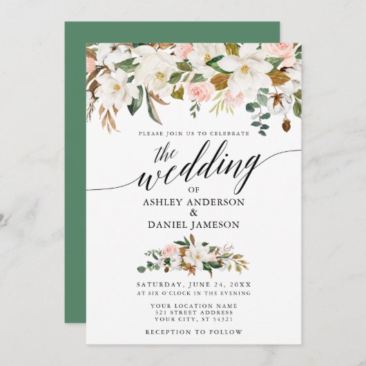 Calligrafie White Magnolias Rozen Wedding Kaart (Voorkant / Achterkant)