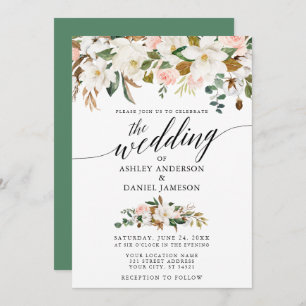 Calligrafie White Magnolias Rozen Wedding Kaart