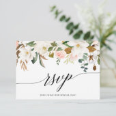 Calligrafie White Magnolias Rozen Wedding RSVP Kaartje (Staand voorkant)