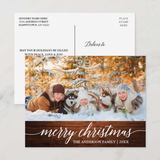Calligrafie Wood Merry Kerstfamilie Foto Briefkaart (Voorkant / Achterkant)