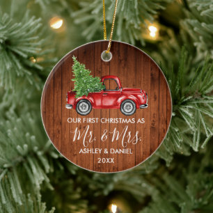Calligrafie Wood Mr. Mrs. Keramisch Ornament