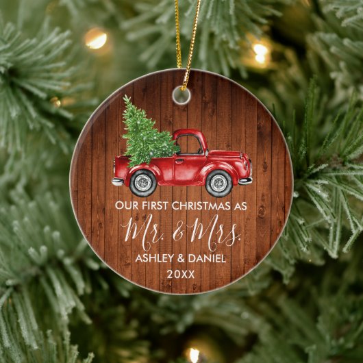 Calligrafie Wood Mr. Mrs. Keramisch Ornament (Boom)