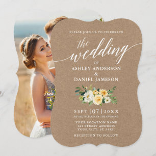 Calligrafie Yellow Floral Wedding Kraft Foto Kaart