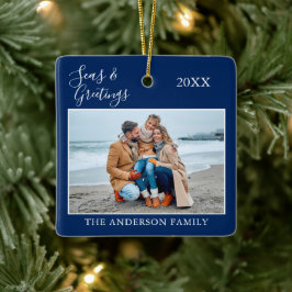 Calligrafie-Zeeen en groeten Foto Navy Blue Keramisch Ornament