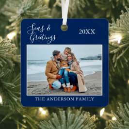 Calligrafie-Zeeen en groeten Foto Navy Blue Metalen Ornament