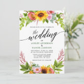 Calligrafie Zonnebloem Boho Floral Wedding Green Kaart (Staand voorkant)