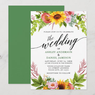 Calligrafie Zonnebloem Boho Floral Wedding Green Kaart
