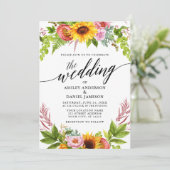 Calligrafie Zonnebloem Boho Floral Wedding Kaart (Staand voorkant)