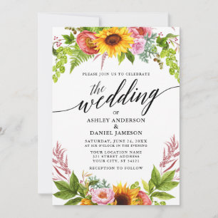 Calligrafie Zonnebloem Boho Floral Wedding Kaart