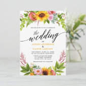 Calligrafie Zonnebloem Geel Gele bruiloft Kaart (Staand voorkant)