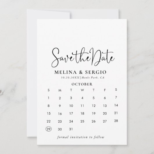 Calligrafie zwart en wit sparen de kalender van de save the date (Voorkant)