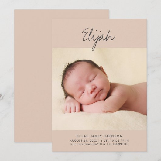 Calligrafienaam Terracotta One Photo Birth Aankondiging (Voorkant / Achterkant)