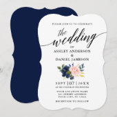 Calligrafiescript Blue Pink Floral Wedding Kaart (Voorkant / Achterkant)