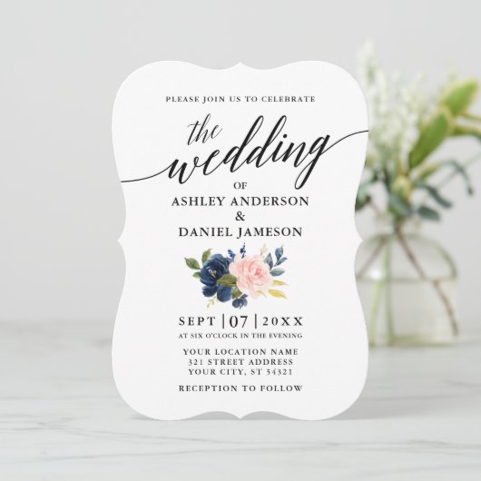 Calligrafiescript Blue Pink Floral Wedding Kaart (Staand voorkant)