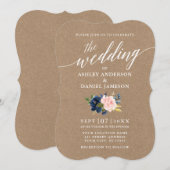 Calligrafiescript Blue Pink Floral Wedding Kraft Kaart (Voorkant / Achterkant)