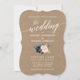 Calligrafiescript Blue Pink Floral Wedding Kraft Kaart