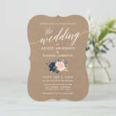 Calligrafiescript Blue Pink Floral Wedding Kraft Kaart (Staand voorkant)