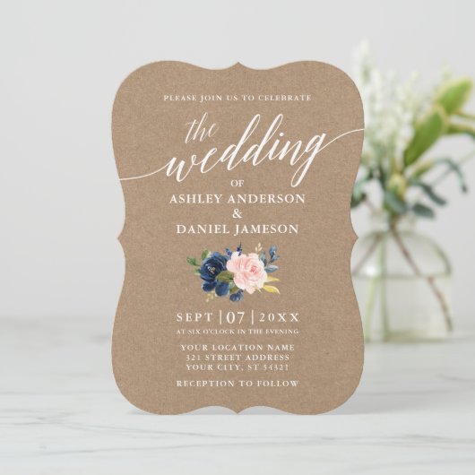 Calligrafiescript Blue Pink Floral Wedding Kraft Kaart (Staand voorkant)
