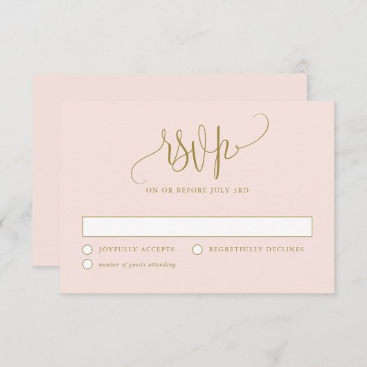  Calligrafiescript Blush en Gold Wedding RSVP Kaartje (Voorkant / Achterkant)