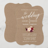 Calligrafiescript Burgundy Floral Wedding Kraft Kaart (Voorkant / Achterkant)