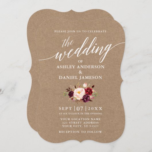 Calligrafiescript Burgundy Floral Wedding Kraft Kaart (Voorkant / Achterkant)