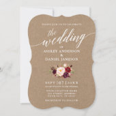 Calligrafiescript Burgundy Floral Wedding Kraft Kaart (Voorkant)