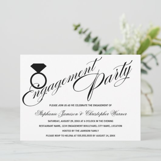 Calligrafiescript Diamond Ring Engagement Party Kaart (Staand voorkant)
