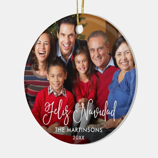 Calligrafiescript Feliz Navidad Rood foto Keramisch Ornament (Links)