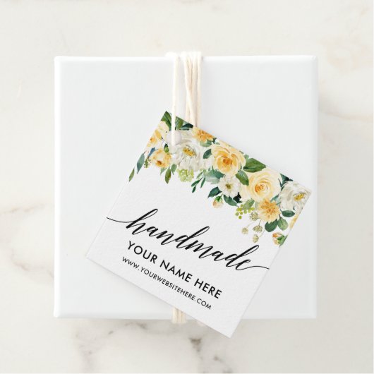 Calligrafiescript Geel Floral Handgemaakt Bedankjes Labels (In situ)