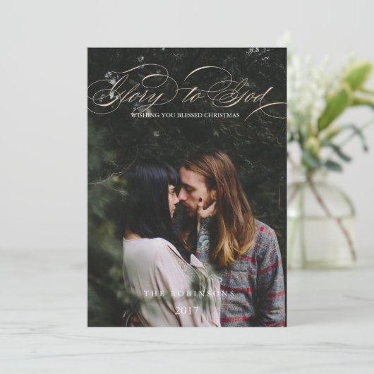 Calligrafiescript Glory to God Kerstfoto Feestdagenkaart (Staand voorkant)