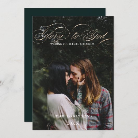 Calligrafiescript Glory to God Kerstfoto Feestdagenkaart (Voorkant / Achterkant)