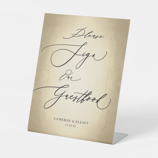 Calligrafiescript Gold Guestbook Weddenschap Reclamebord Met Voetstuk (Voorkant)