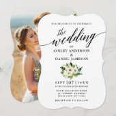 Calligrafiescript Green Floral Photo Wedding Kaart (Voorkant / Achterkant)