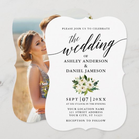 Calligrafiescript Green Floral Photo Wedding Kaart (Voorkant / Achterkant)