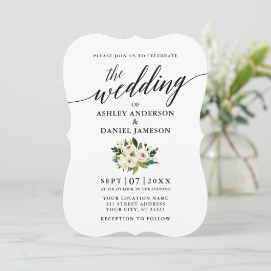 Calligrafiescript Green Floral Photo Wedding Kaart (Staand voorkant)
