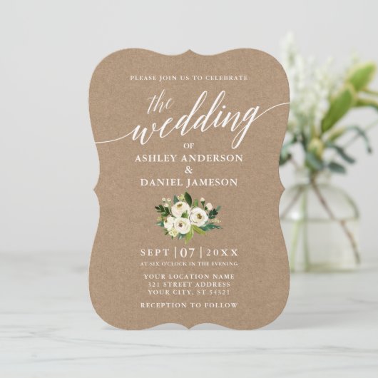 Calligrafiescript Green Floral Wedding Kraft Kaart (Staand voorkant)