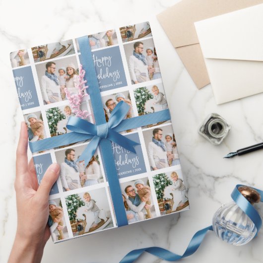Calligrafiescript Holiday 3 Foto Dusty Blue Cadeaupapier (Geschenken)