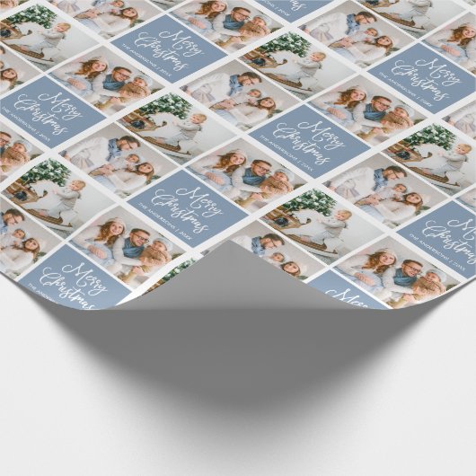 Calligrafiescript met Kerstmis 3 Foto Dusty Blue Cadeaupapier (Hoek)