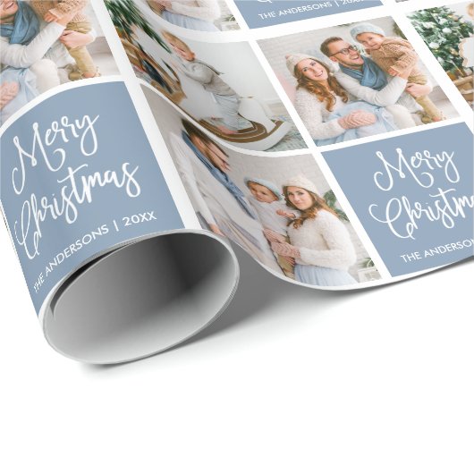 Calligrafiescript met Kerstmis 3 Foto Dusty Blue Cadeaupapier (Rol Hoek)