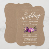 Calligrafiescript Paarse Floral Wedding Kraft Kaart (Voorkant / Achterkant)