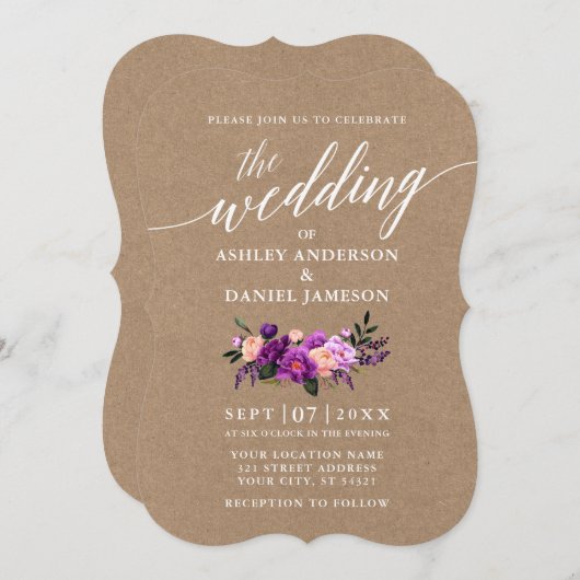 Calligrafiescript Paarse Floral Wedding Kraft Kaart (Voorkant / Achterkant)