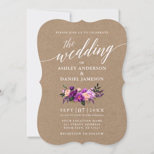 Calligrafiescript Paarse Floral Wedding Kraft Kaart (Voorkant)