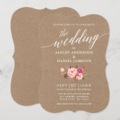 Calligrafiescript Roze Floral Wedding Kraft Kaart (Voorkant / Achterkant)