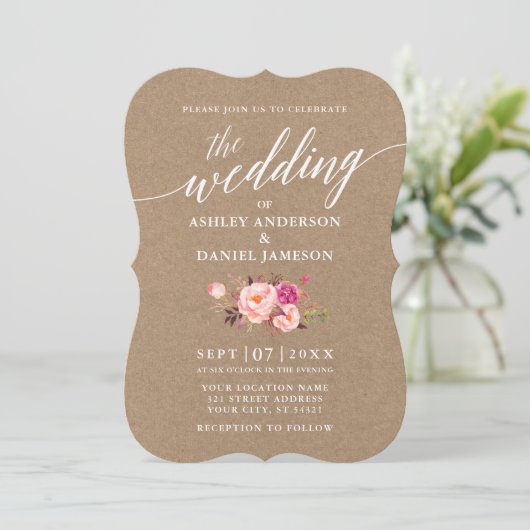 Calligrafiescript Roze Floral Wedding Kraft Kaart (Staand voorkant)