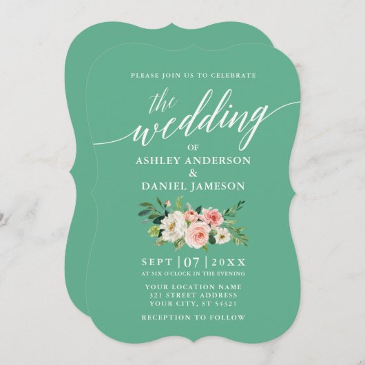 Calligrafiescript Roze White Floral Neo Mint Kaart (Voorkant / Achterkant)